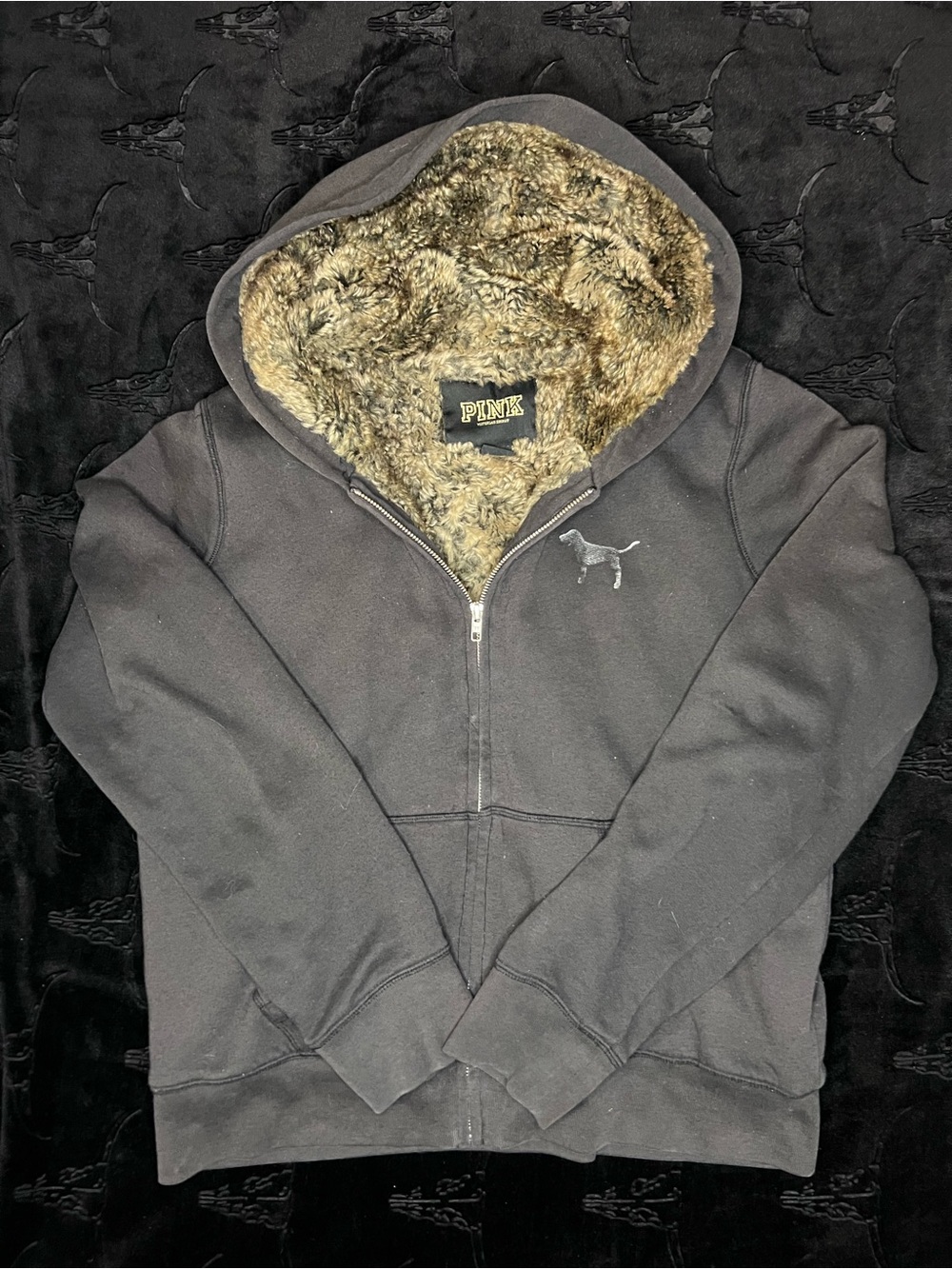 RARE vintage PINK Victoria's Secret Black Zip-Up Hoodie with Faux Fur Lined Hood